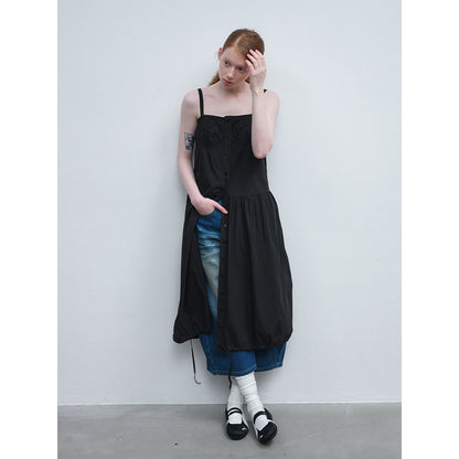 Summer new casual one-word collar pleated design sense solid color lace-up long suspender skirt