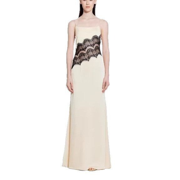 New fashion satin lace splicing suspender long dress backless sexy dress women