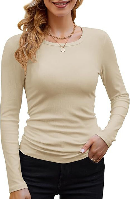 Ribbed Cotton Long Sleeve T-Shirt Women Solid Color Round Neck Slim Fit