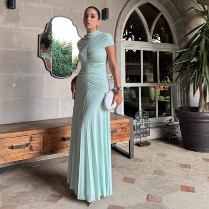 Temperament Crew Neck Pleated Dress Fashion INS Vacation Style Long Dress