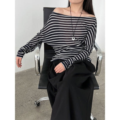 French Minimalist Pinstriped Irregular Slant Shoulder Waist Skinny Top Women's Tencel Long Sleeve T-Shirt