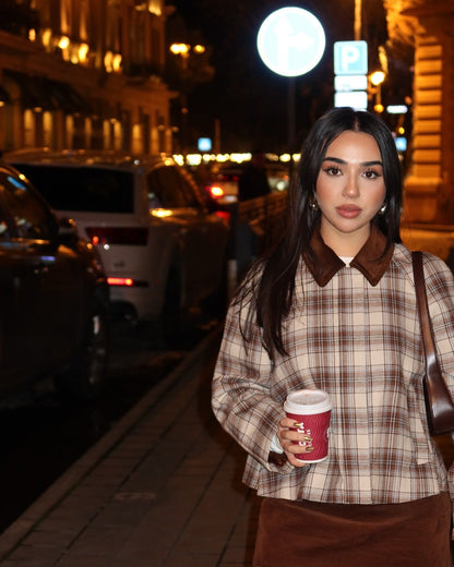 Women's autumn and winter fashion casual plaid top splicing contrasting color retro jacket jacket women