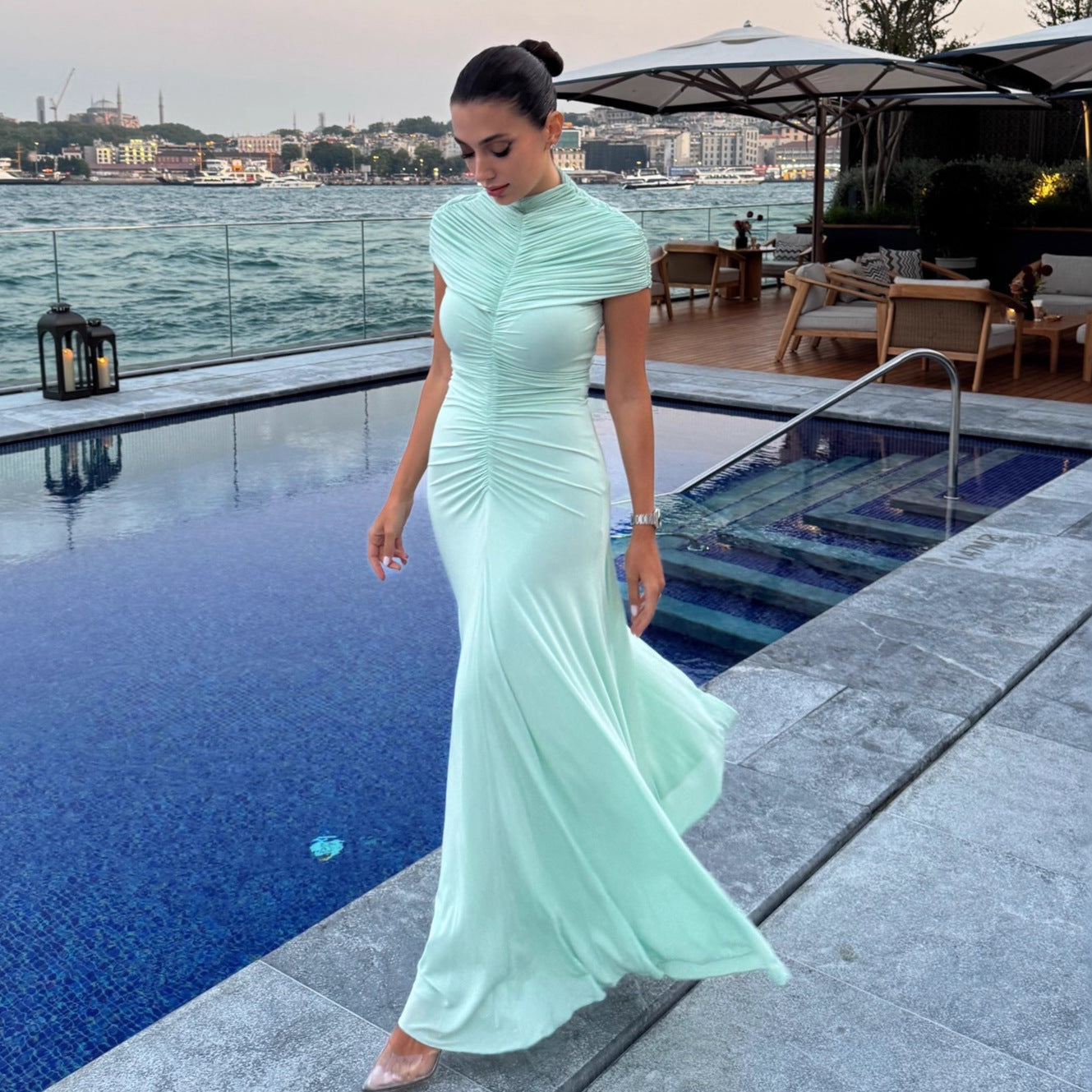 Temperament Crew Neck Pleated Dress Fashion INS Vacation Style Long Dress