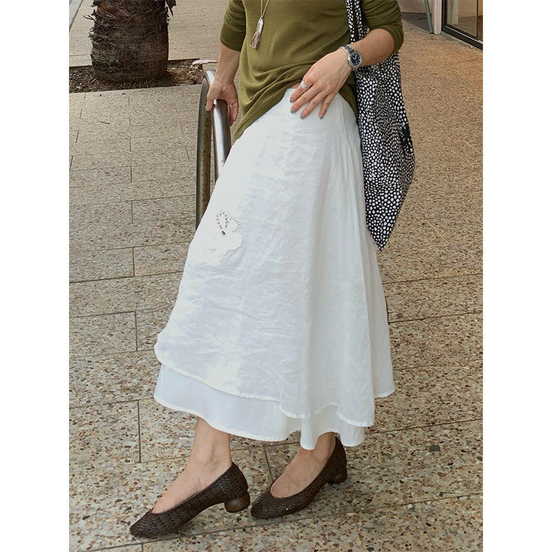 Age-reducing applique ramie double-layer high-waisted A-character medium and long skirt