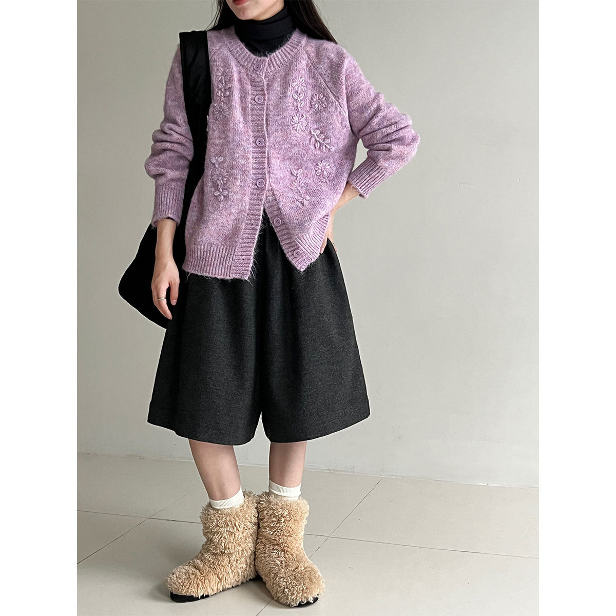 Minimalistautum woolen wide-leg shorts for women cover the cross slimming lookhalf length pants loose feeling boot pants