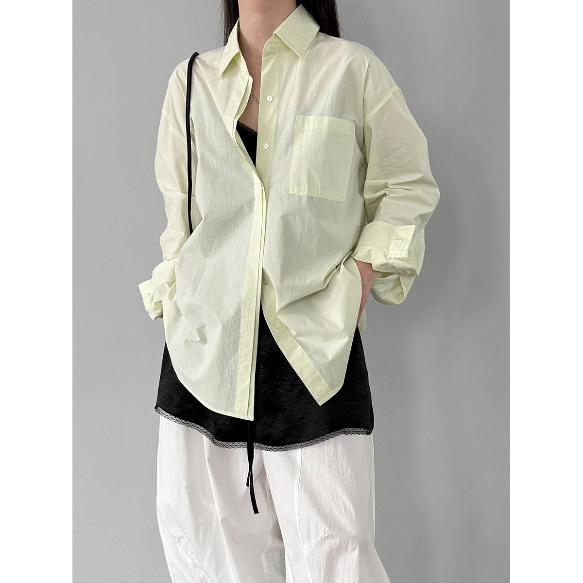 Korean simple casual high-end solid-color cotton shirt women's new spring lazy top