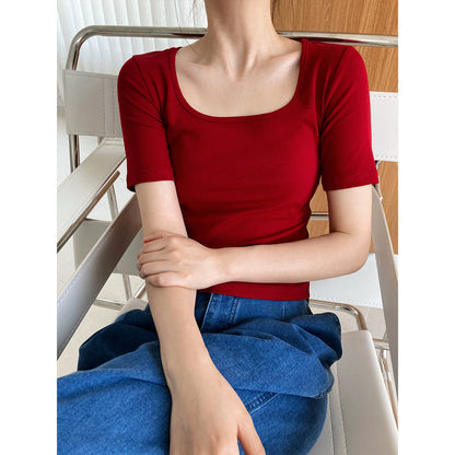 New solid color short square neck short-sleeved T-shirt women's high waist slim-fitting clavicle top