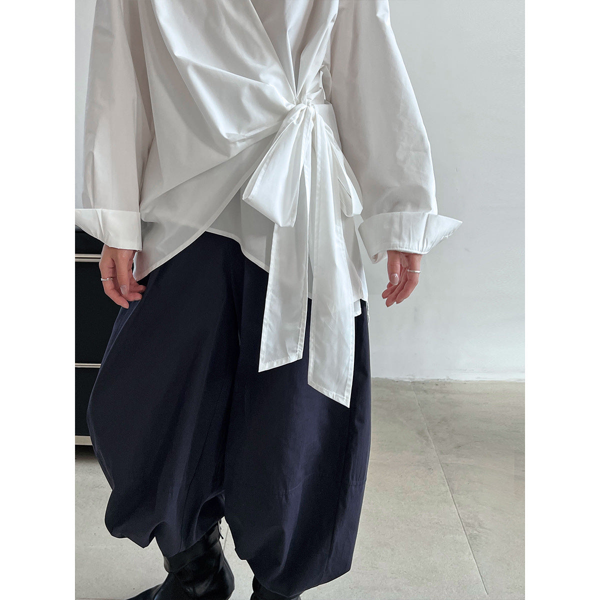 Autumn Korean irregular waist strap shirt women's casual niche design one-piece top