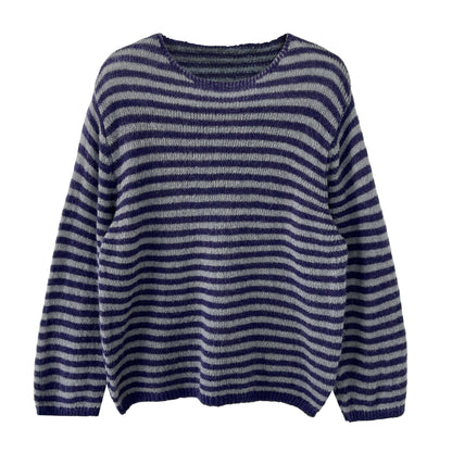 Casual wool retro striped lazy soft waxy knitted sweater women's spring new long-sleeved top