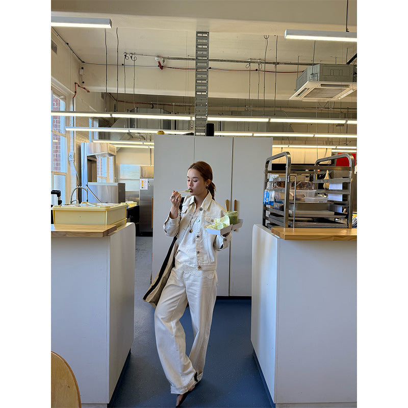 Early spring Hong Kong style American retro trousers temperament two-piece denim suit