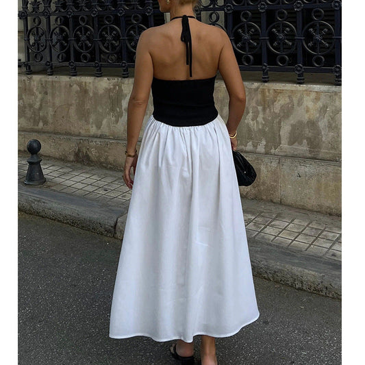 Fashion lace-up neck chiffon long dress backless splicing Spice girl sexy dress women sleeveless