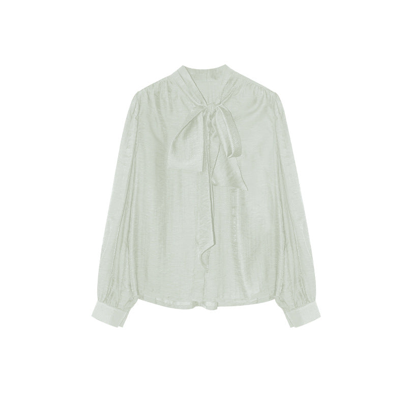 Temperament Tencel cotton tie-up collar long-sleeved bow shirt
