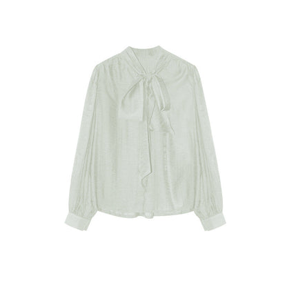 Temperament Tencel cotton tie-up collar long-sleeved bow shirt