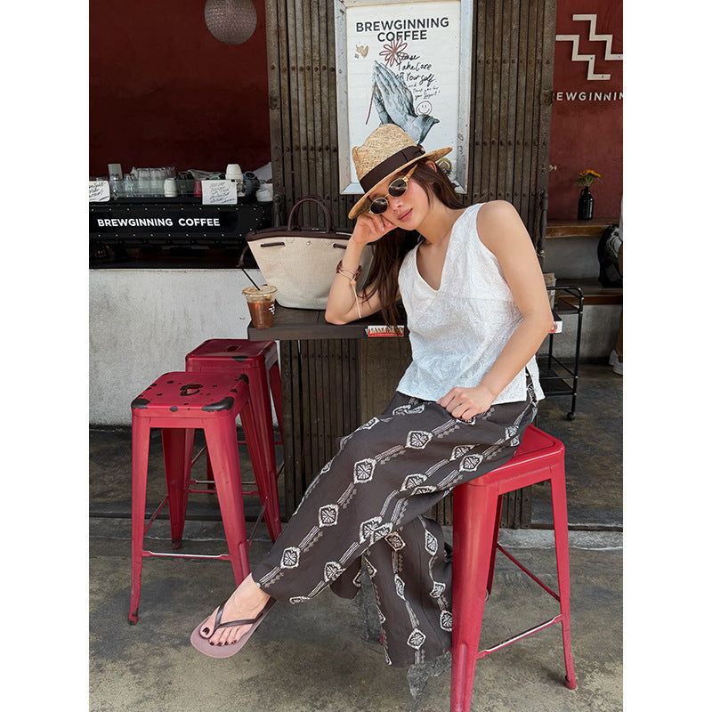 Bohemian Tencel linen wide-leg print drawstring slacks
