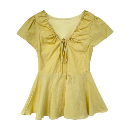 French retro V-neck pleated lace-up shirt short-sleeved women's summer new waist T-shirt top shirt