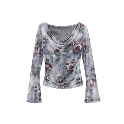 Design Swing Neck Slim Flower Long Sleeve Top