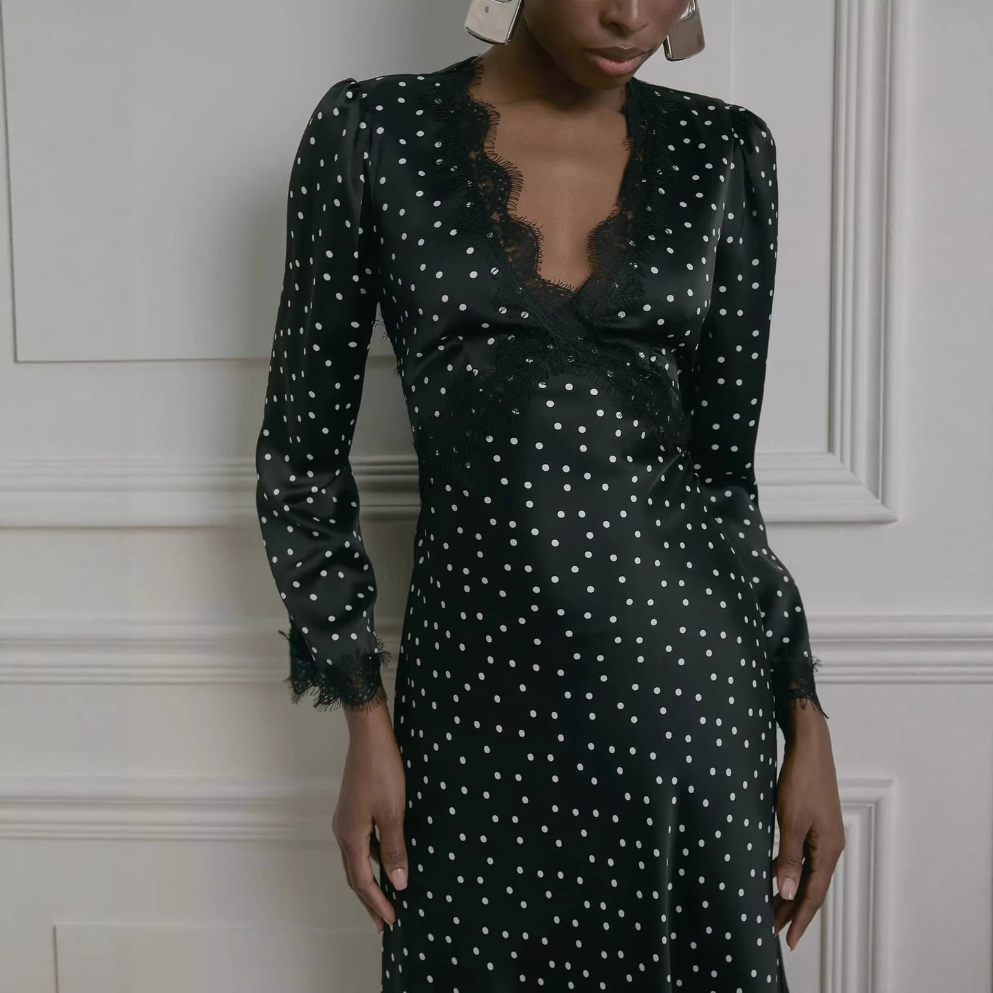 Spring Lace Polka Dot Print Dress Halter Sexy Spice Girl Long Sleeve Dress