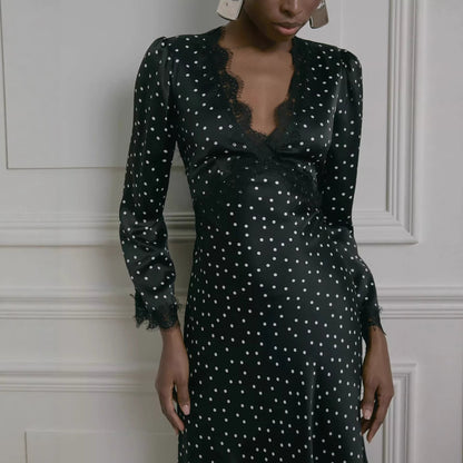 Spring Lace Polka Dot Print Dress Halter Sexy Spice Girl Long Sleeve Dress