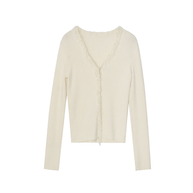 Early spring pure desire sweet hottie temperament long-sleeved fringed v-neck knitted sweater
