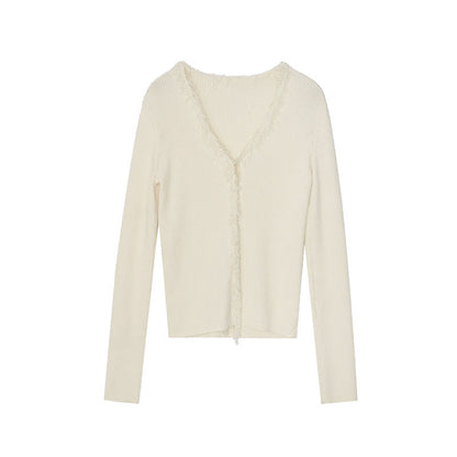Early spring pure desire sweet hottie temperament long-sleeved fringed v-neck knitted sweater