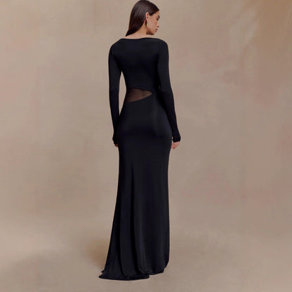 Fashion long-sleeved one-word collar split-ended long dress hollow perspective sexy dress