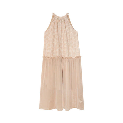 Women's Halter Neck Mesh Jacquard Sleeveless A-Line Maxi Dress