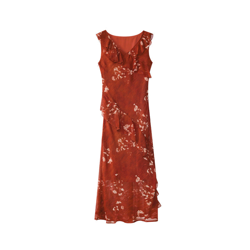 Elegant temperament ruffle floral sleeveless dress