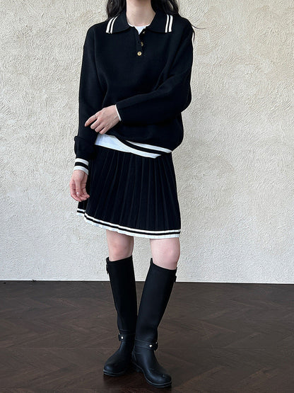 Academy style polo neck sweater + high waist pleated skirt set