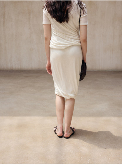 Sheep wool Tencel knitted design sense irregular twist versatile medium and long skirt