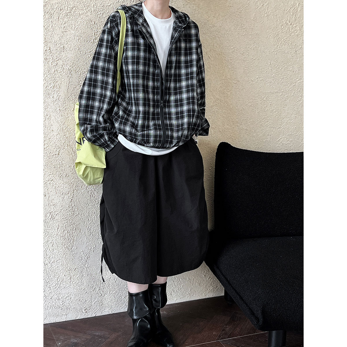 Vintage contrasting plaid jacket women's 2024 autumn new long-sleeved loose drawstring hooded top