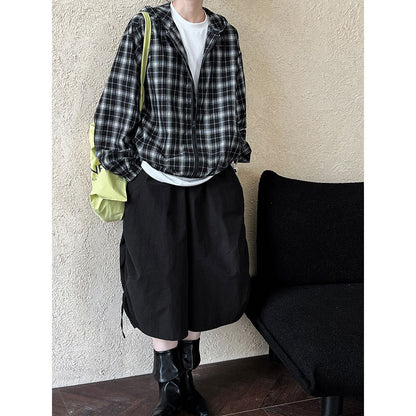 Vintage contrasting plaid jacket women's 2024 autumn new long-sleeved loose drawstring hooded top