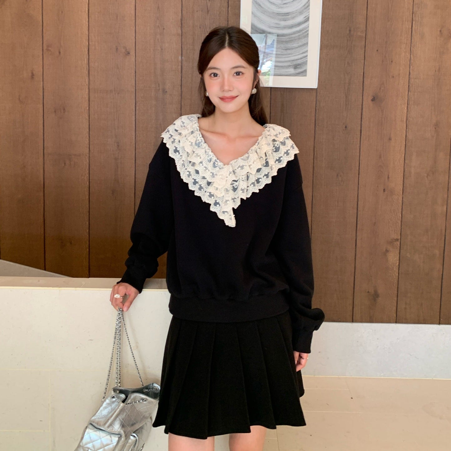 Sweet age-reducing pullover lace ruffle sweater woman