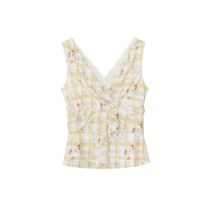 Plaid V-Neck Lace-Up Sleeveless Camisole Top