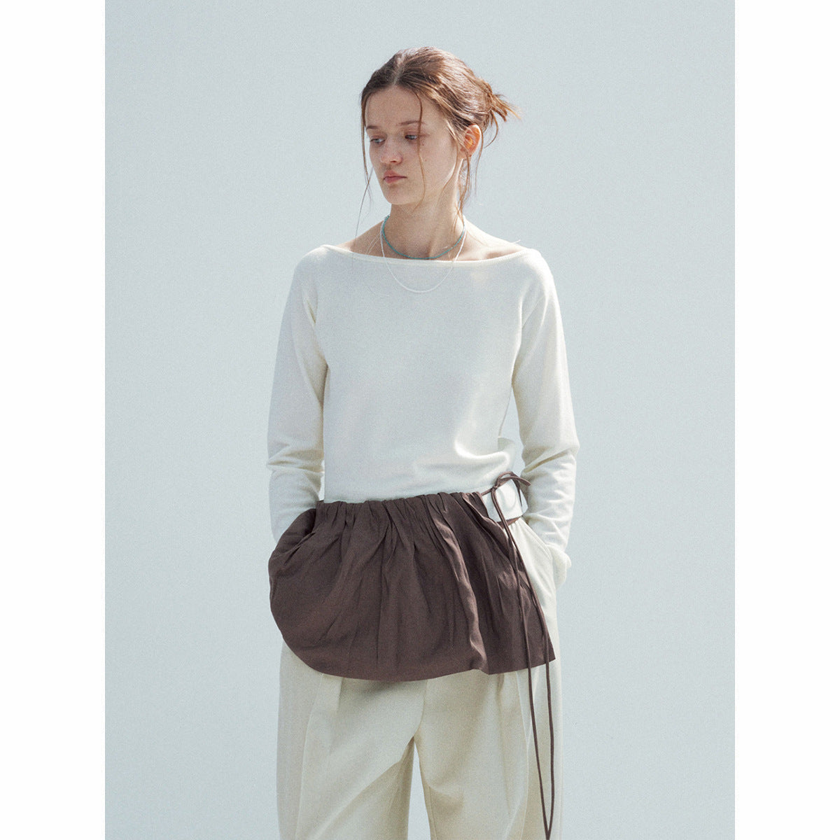 Spring new casual high-waisted mulberry silk lace-up simple and versatile ultra-short skirt