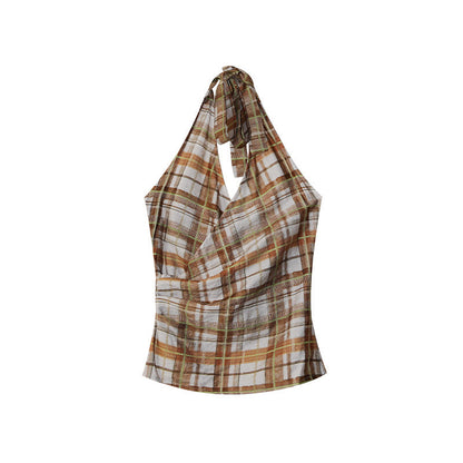 Sexy Spice Girl Halter Lace-Up Neck Checkered Small Suspender Vest