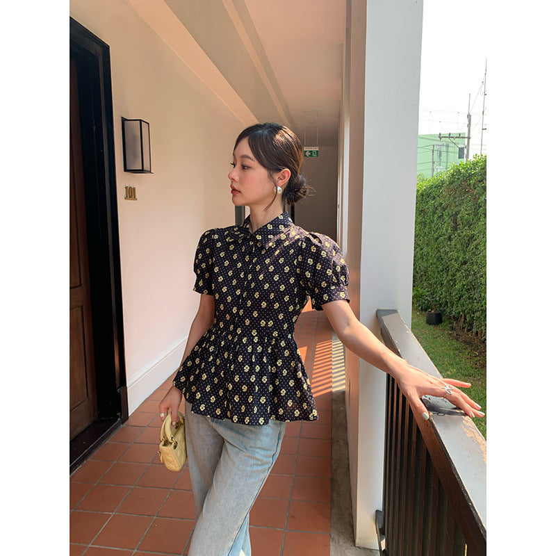 Floral Print Polo Collar Puff Sleeve Cotton Shirt