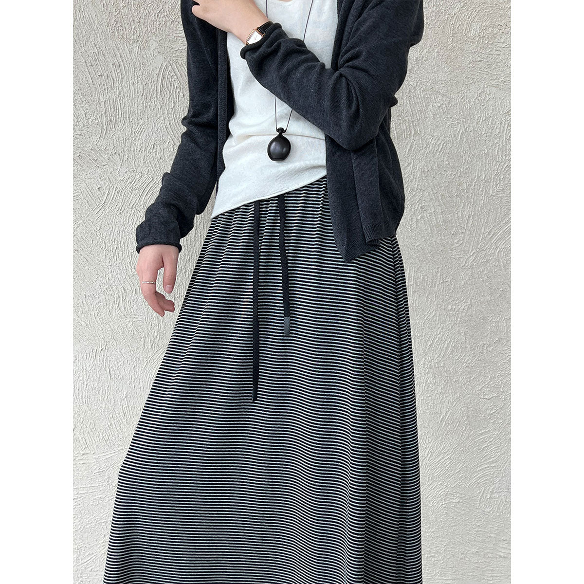 Korean lazy wind drawstring pinstriped skirt autumn new drape high waist thin dress
