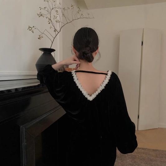 Vintage loose long-sleeved design halter v-neck velvet sweater
