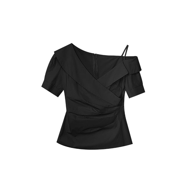 Gentle temperament design diagonal shoulder collar waist shirt