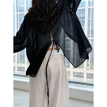 Design Sense Tencel Back Split Strap Shirt Women's Summer Clothing New Long Sleeve Sunscreen Thin Jacket