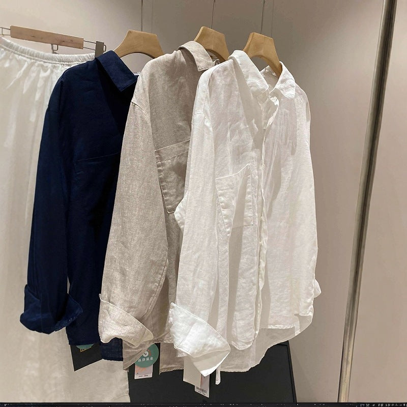 Retro Ramie Linen Shirt Women Loose Breathable Long Sleeve Blouse