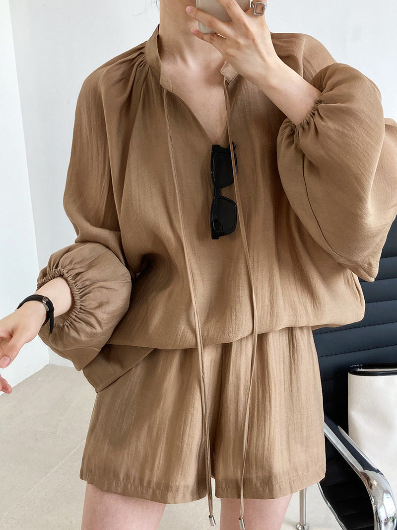 Summer fashion sports and leisure lace-up long-sleeved sunscreen + wide-leg shorts set two-piece set