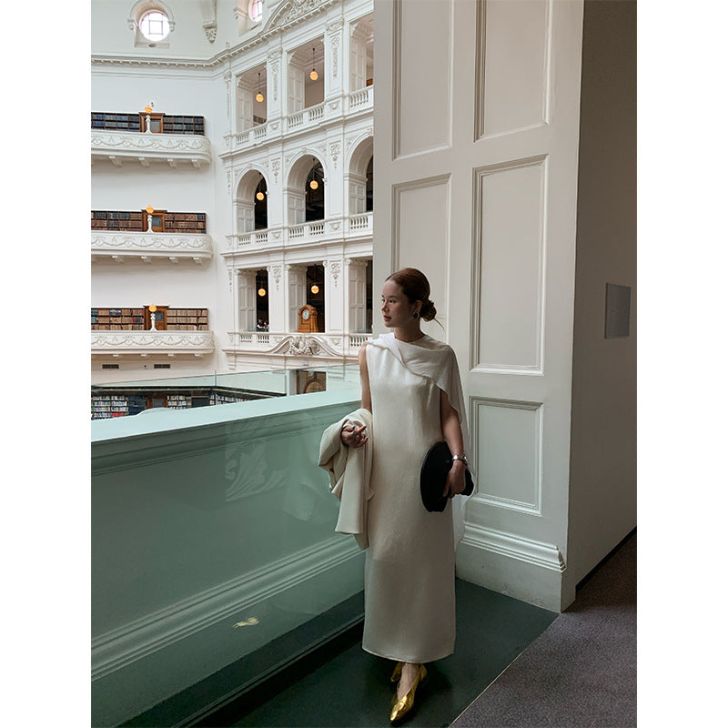Early spring French celebrity temperament ruffle edge streamer sleeveless dress