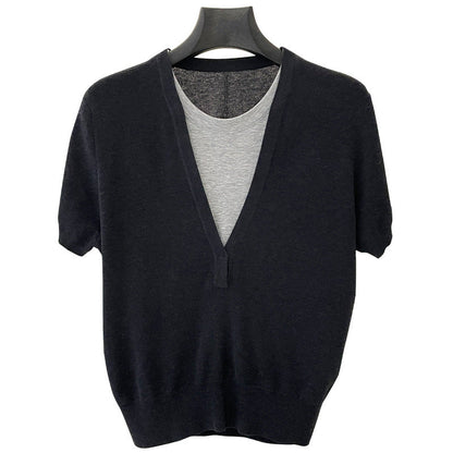 Design sense niche fake two-piece short-sleeved T-shirt spring contrast V-neck knitwear