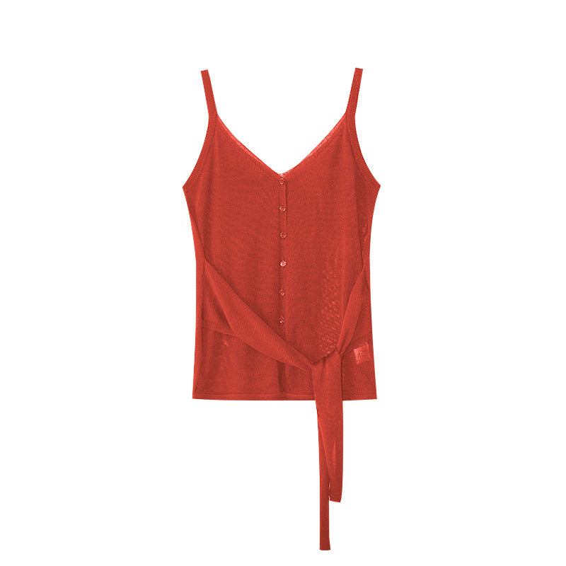 French Lazy Temperament V-Neck Lyocell Waist Strap Sling