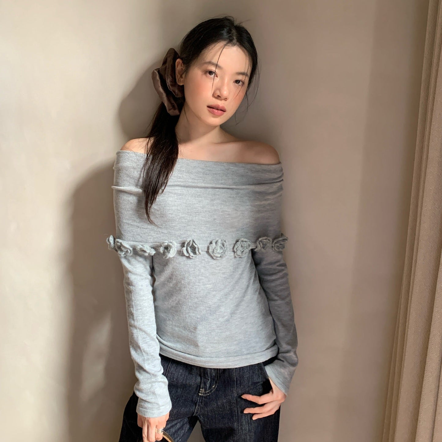 Gentle and sweet one-word collar three-dimensional flower decorative sweater for women