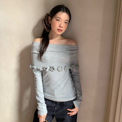 Gentle and sweet one-word collar three-dimensional flower decorative sweater for women