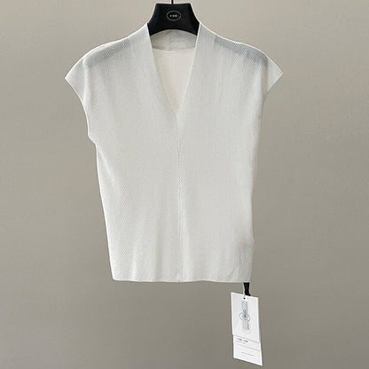 Spring and summer minimalist and versatile muscle-building V-neck slim-fitting and thin small flying-sleeved knitted sweater