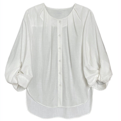 Cotton and linen texture lantern sleeve shirt