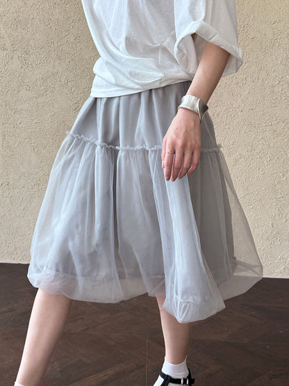 Tulle Mesh Skirt Women Korean Style A-Line Elastic Waist Mid-Length